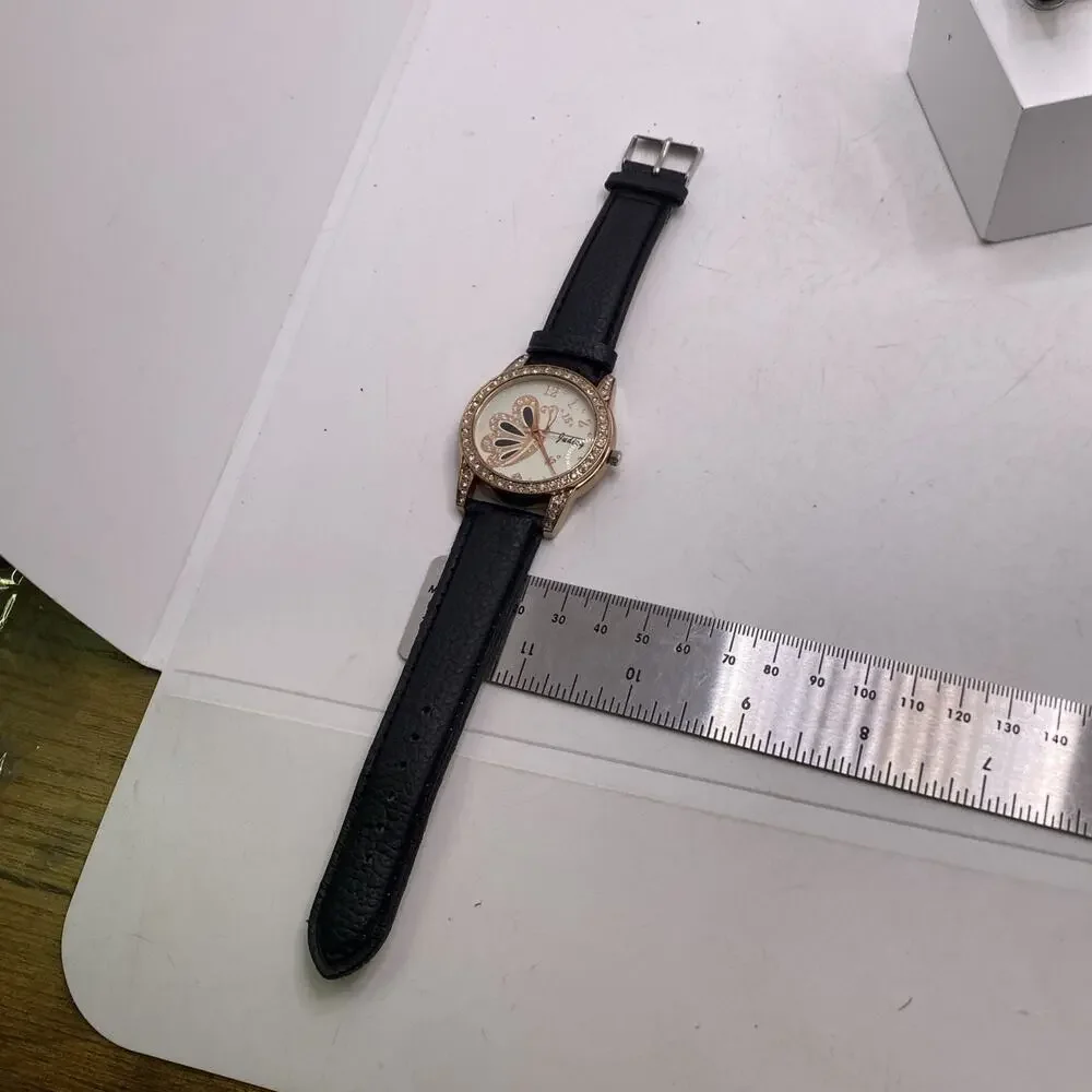 Womens Rose Gold Black Band Watch New Battery